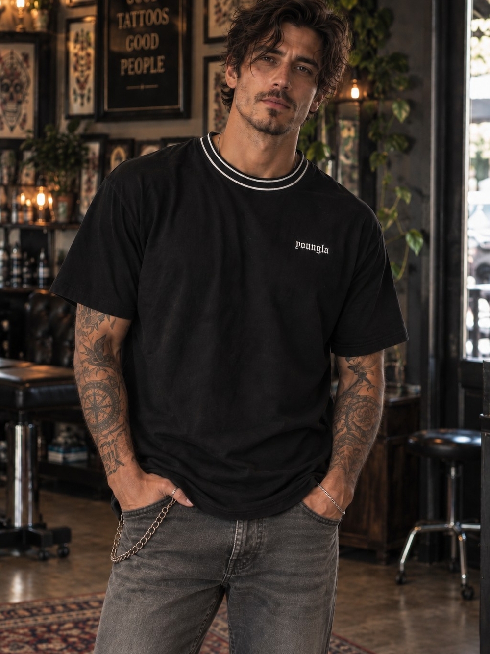 YoungLA 435 Modern Noble Tee Men's XL Black Embroidered Logo Gym Streetwear